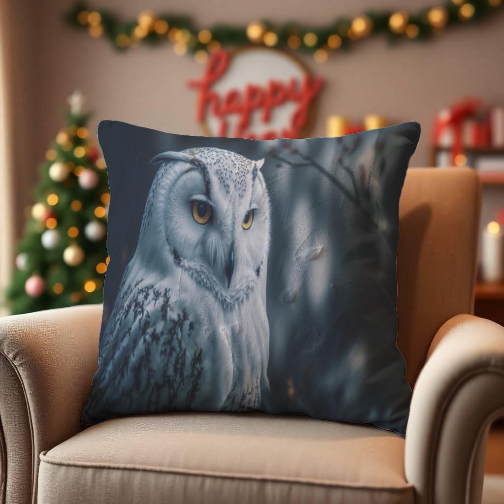 Big Eyed Owl, Owl On Branch, Winter Pillow, White Decor, Nature Inspired, Cozy Cushion, Rustic Style