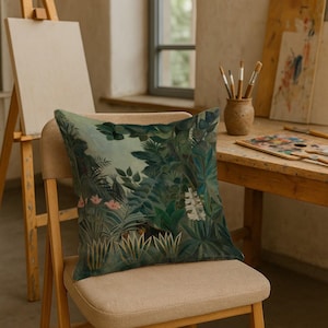 Könnte beinhalten: Quadratisches Zierkissen mit einer Dschungelszene mit üppigem grünem Laub, rosa Blüten und einem Hauch von blauem Himmel. Das Kissen liegt auf einem beigen Stuhl, im Hintergrund sind eine Künstlerstaffelei und Zubehör zu sehen.