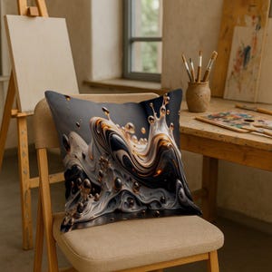 May include: A decorative throw pillow with a swirling abstract design in shades of gray, black, white, and gold. The pillow is square and sits on a beige chair, with an artist's easel and table in the background.