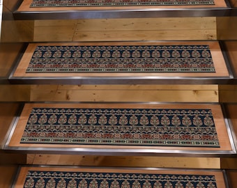 Alfombra de escalera con estampado digital en dorado azul marino, antideslizante, estilo oriental, lavable, clásica, con diseño floral para hogares tradicionales.