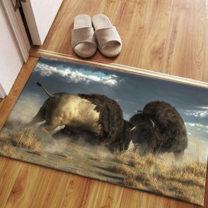 Bronze Two Bisons Rugs, Animals Planet Rugs, Bison Fight Rug, Animal Rugs, Buffalo Rug, Kitchen Rug, Corridor Rug, Stair Rug,Wild Animal Rug