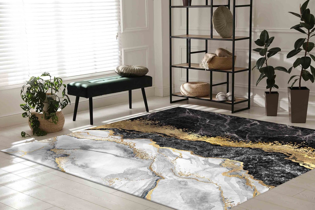 Black Rug Marble Rug Gold Marble Rug Modern Marble Rugs Etsy New Zealand