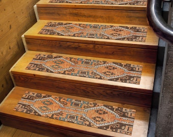 Rustic Kilim Stair Tread Rug – Turkish Tribal Step Carpet in Orange Brown Tones, Non-Slip Ethnic Design for Farmhouse Decor