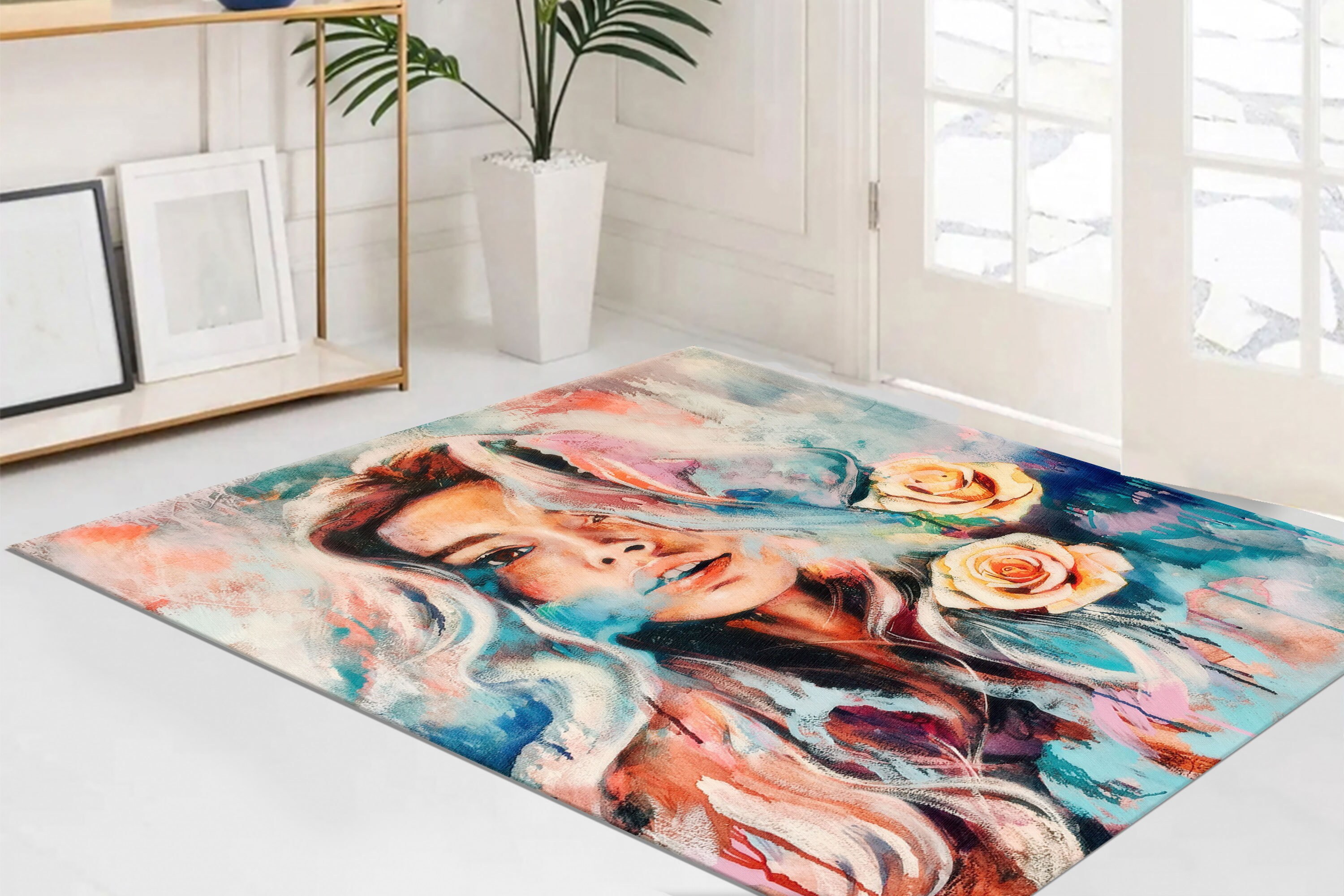 Beautiful Girl With Two Roses Rugs, Colorful Woman Rug, Rose Decor Rug ...