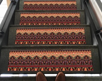 Boho Tribal Stair Treads, Washable Non-Slip Rug Set for Indoor Steps Bold Red Black Patterned Carpet Mats for Rustic or Modern Wooden Stairs