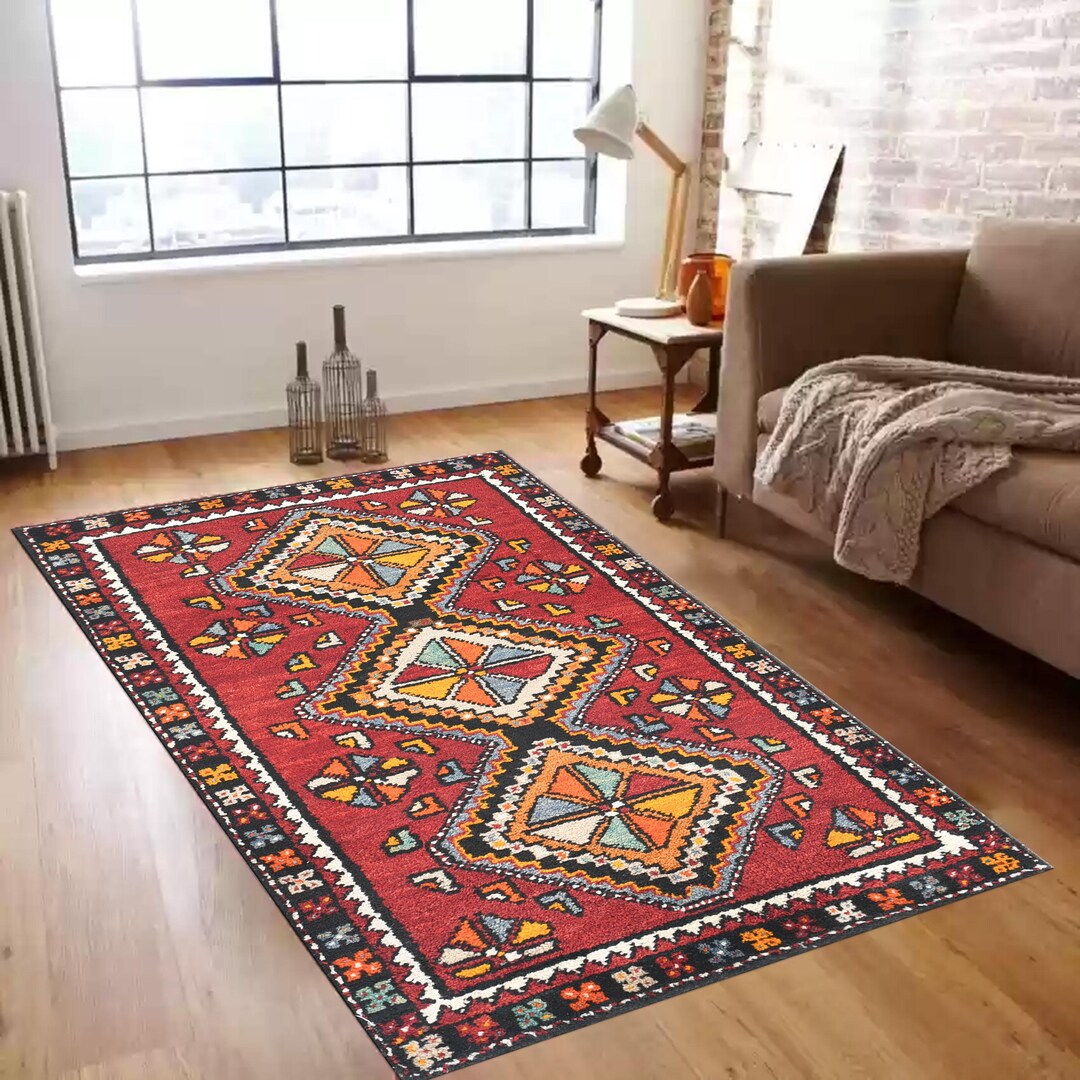 Red Pattern Lounge Rug Red Geometric Rug, Luxury Living Room Rug, Turkish Pattern Rug ...