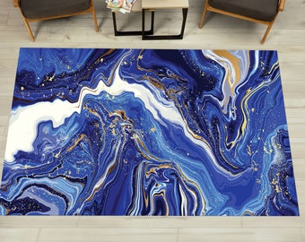Marineblauer Marmorteppich, moderner Marmorteppich, abstrakter Marmorteppich, leicht zu reinigender Teppich, personalisierte Geschenke, Chenilleteppich,