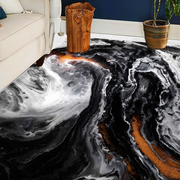 Black And Copper Marble Rug, Copper Rugs, Modern Marble Rugs, Alcohol Ink Rugs, Custom Rug, Small Rug, Anti-Slip Carpet, Entryway Rug,