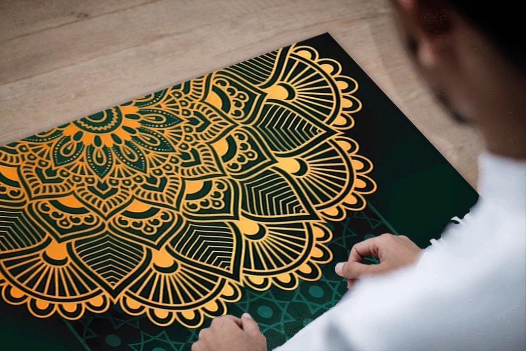 Islamic Rug Pattern Drawing Dark Green Gold Islamic Rug, Elegant Mandala Pattern, Ramadan Eid ...