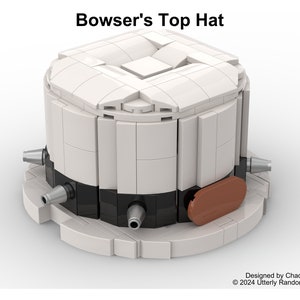 May include: A white and black LEGO model of Bowser's top hat. The hat is made of 265 pieces and is designed by Chad Peterson. The text "Bowser's Top Hat" is at the top of the image. The text "265pcs" is at the bottom of the image. The text "Designed by Chad Peterson" is below the text "265pcs". The text "© 2024 Utterly Random Designs" is below the text "Designed by Chad Peterson".