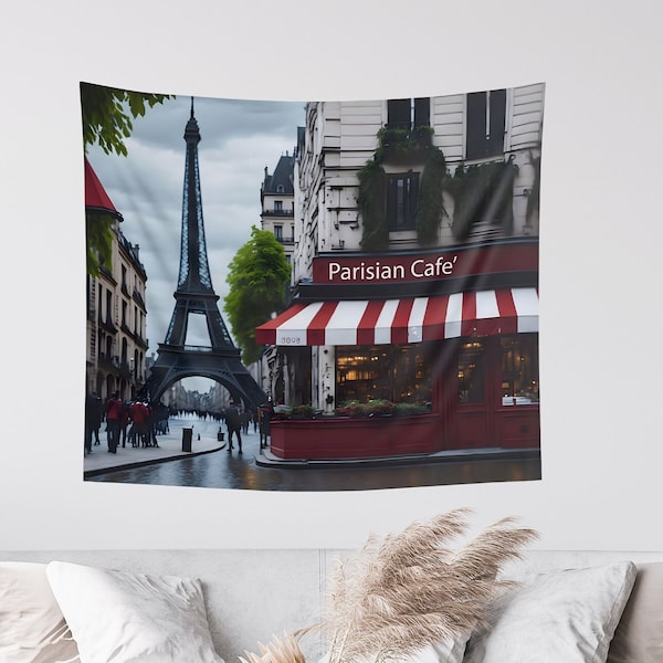 Paris Eiffel Tower Tapestry - French Bistro & Iconic Landmark Wall Hanging, Romantic Parisian Home Decor in Four Sizes