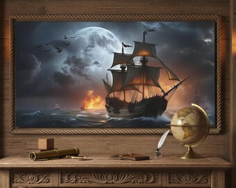 Pirate Ship at Sea Canvas | Nautical Wall Art | Stormy Ocean Scene