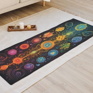 Chakra Alignment Yoga Mat, Microsuede Rubber, 24x68 - Energy Focusing with Color & Symbols, Spiritual Gift for Yogis