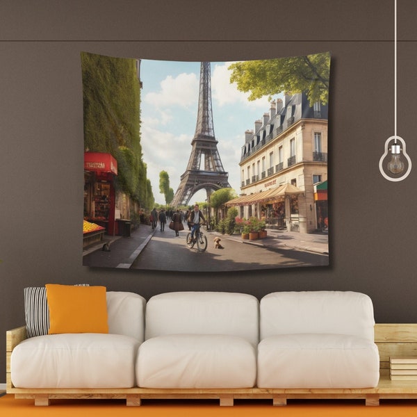 Elegant Paris Street Tapestry with Eiffel Tower, Colorful Shopfront Wall Decor, Romantic Room Accent, Anniversary Gift