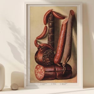 Póster vintage de carnes, impresión retro de carnicero con salchichas, salami, mortadela y más, 6 tamaños en arte mural de cocina de calidad museística.