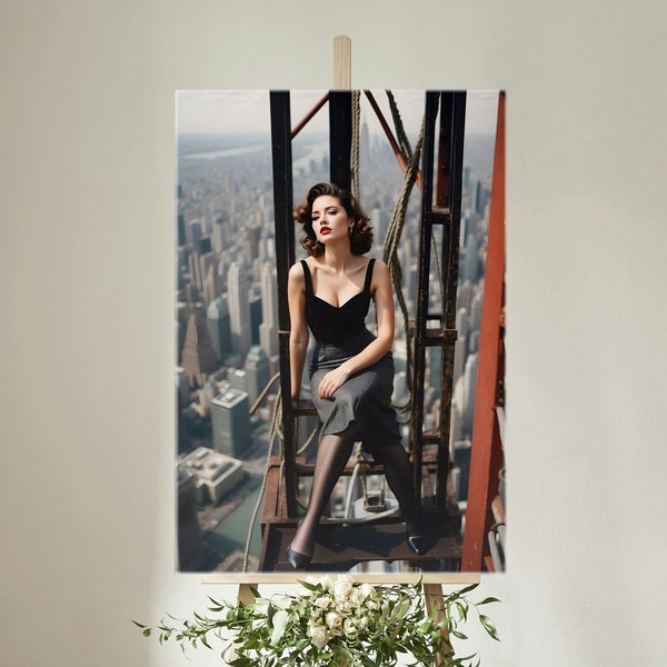 Trendy Fashion Model 1950s Poster, New York City Backdrop Print, Posing on Skyscraper Art, Daring Photo Shoot Wall Hanging, Movie Actress