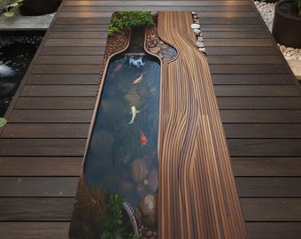 Esterilla de yoga con diseño de estanque de carpas koi / Superficie de microfibra tipo gamuza, base de caucho natural (61 x 182 cm)