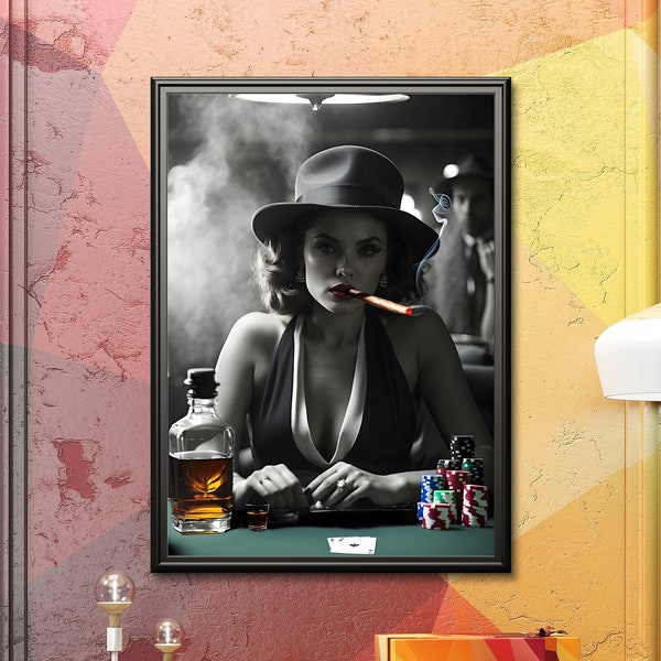 Seductive 1950s Poker Scene, Retro Celebrity Canvas Print - Black & White 1950s Style Model with Red Lips, Chic Wall Art for Home Decor