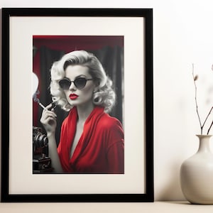 Póster enrollable vintage de Hollywood Glam, impresión artística de estrella de cine retro, mate o semibrillante, 5 tamaños, estampado de túnica roja