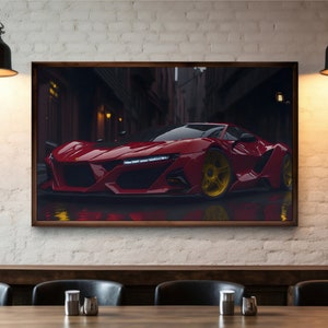 Samsung Frame TV 4Kアート、高級レッドスポーツカー4K壁紙、カスタム高級車雨天ストリートシーン、高解像度HD画質、3280x2160