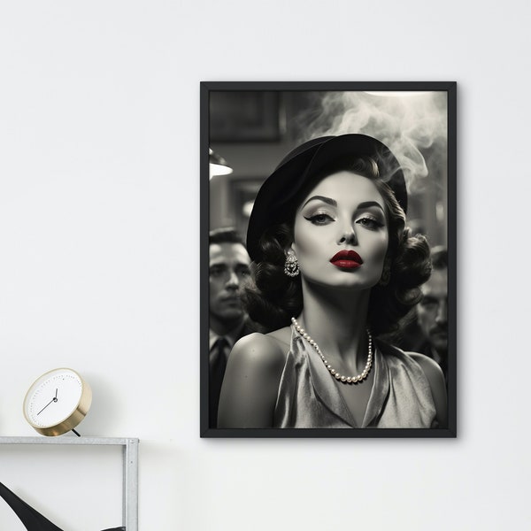 Trendy Vintage-Seductive Canvas Print, 1950s Model in Smokey Men's Club, Retro Black and White Wall Art, Unique Gift for Home Decor