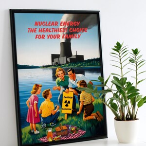 May include: A vintage-style poster with a family picnicking near a nuclear power plant. The poster reads "Nuclear Energy The Healthiest Choice For Your Family" and features a caution sign with a radiation symbol.