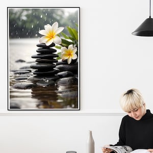 Zen Stones and Flowers Canvas Art Print, Tranquil Spa Wall Decor, Water Reflection Art, Frangipani Blossom Artwork, Multiple Sizes Available