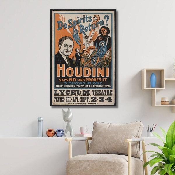 Authentic Houdini Vintage Poster Canvas Wrap, Magic and Illusion Show, Escapes & Fraud Exposure, Ideal Collector's Gift for Magic Fans