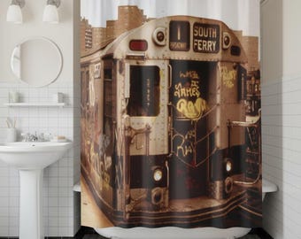 New York Subway Train Shower Curtain | Vintage Graffiti South Ferry NYC Transit