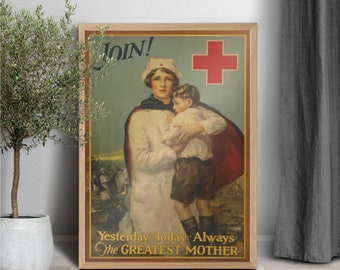 Plakat z pielęgniarką Czerwonego Krzyża w stylu vintage: wydruk artystyczny z czasów II wojny światowej