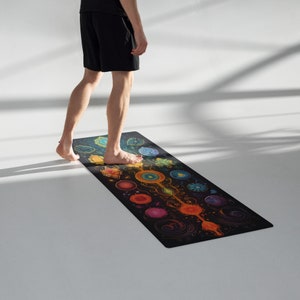 Chakra Alignment Yoga Mat, Microsuede Rubber, 24x68 - Energy Focusing with Color & Symbols, Spiritual Gift for Yogis