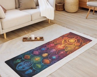 Puede incluir: Una colorida esterilla de yoga con un diseño de mandala que presenta un arcoíris de colores y detalles intrincados. La esterilla está colocada sobre una alfombra blanca en una habitación con un sofá y muebles de madera.