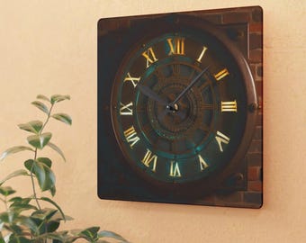 Steampunk Acrylic Wall Clock, Vintage Industrial Gear Decor,  Round or Square Design