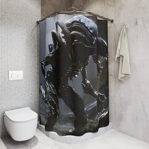 May include: Black and white shower curtain featuring a detailed illustration of an alien creature with a long tail and sharp teeth.