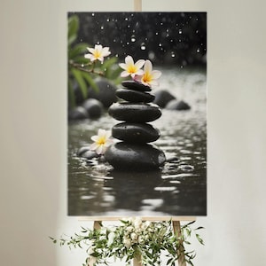 Zen Garden Canvas Art: Rainy Pond, Stacked Stones & Blossoms