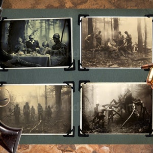 May include: A vintage photo album with four black and white photos of people in a forest setting. The album is open and there are several bullet casings on the brown surface next to it.