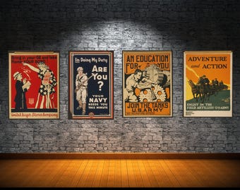Vintage War Posters, Four-Piece Digital Set of Recruitment and Bonds