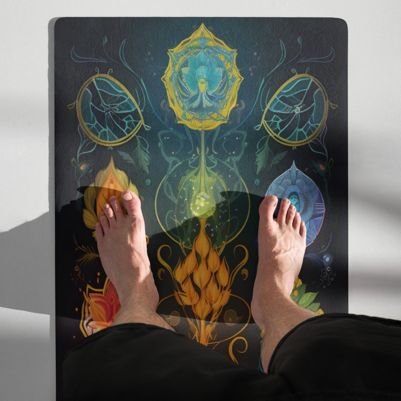Chakra Alignment Yoga Mat, Microsuede Rubber, 24x68 - Energy Focusing with Color & Symbols, Spiritual Gift for Yogis