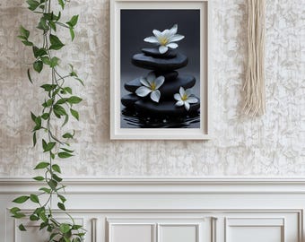 Biała plumeria na płótnie z kamieniami spa | Relaksująca sztuka ścienna Zen