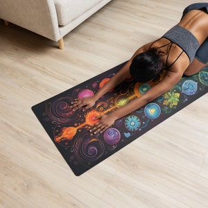 Chakra Alignment Yoga Mat, Microsuede Rubber, 24x68 - Energy Focusing with Color & Symbols, Spiritual Gift for Yogis