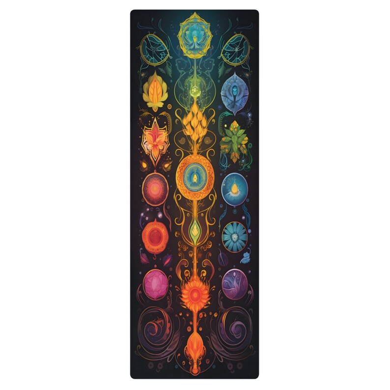 Chakra Alignment Yoga Mat, Microsuede Rubber, 24x68 - Energy Focusing with Color & Symbols, Spiritual Gift for Yogis