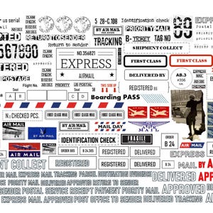 Peut inclure: Un collage de timbres-poste et d'étiquettes vintage en noir et blanc, avec des touches de rouge et de bleu. La conception comprend des mots comme "Express", "Airmail", "Registered" et des chiffres. Une silhouette d'une personne est également incluse.
