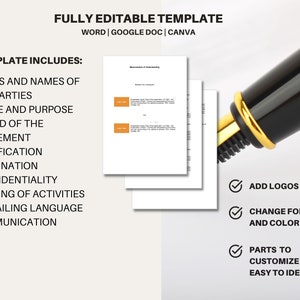 May include: A fully editable template for a legal agreement. The template includes sections for logos, parties, scope, purpose, period, modification, termination, confidentiality, funding, language, and communication. The text is easy to identify and customize.