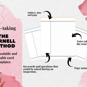 Peut inclure: Modèles imprimables de prise de notes selon la méthode Cornell. L'image montre trois pages ouvertes avec des sections pour le sujet, la date, la page, les notes, les mots-clés et le résumé de la page. Le texte indique "Note-taking THE CORNELL METHOD Downloadable and printable card templates."