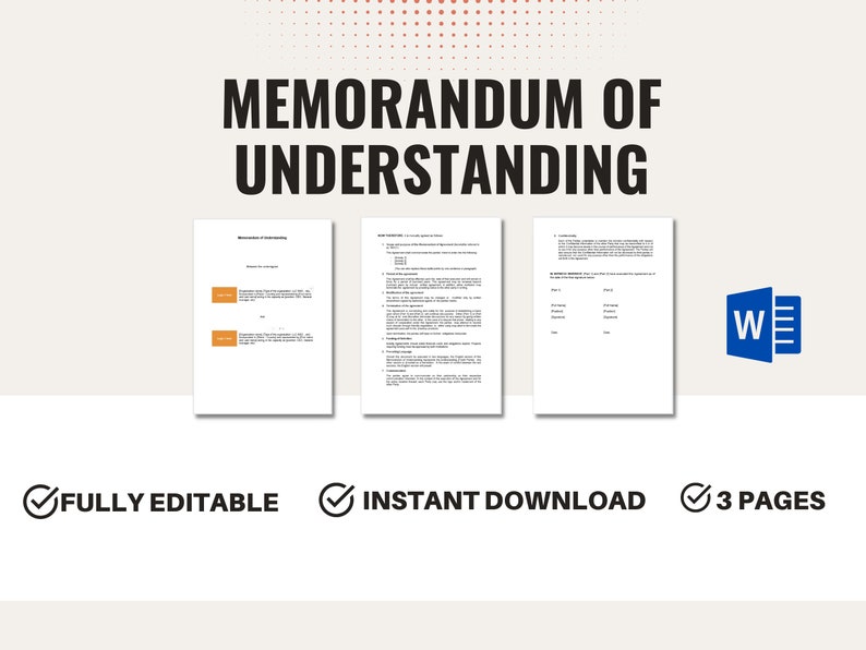 May include: A three-page document titled "Memorandum of Understanding" with the Microsoft Word logo in the bottom right corner. The document is fully editable and available for instant download.