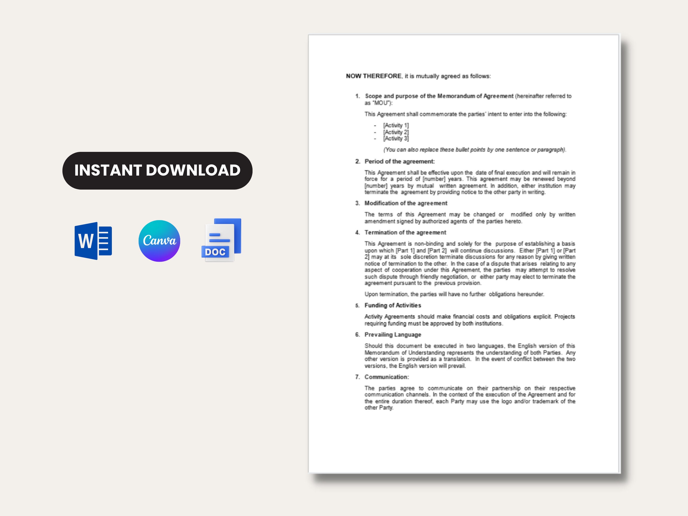 MOU, Memorandum of Understanding Template, Nonbinding Agreement