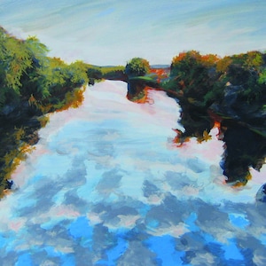 May include: A painting of a river scene with lush green trees on either side of the river. The water is a light blue with white and pink clouds reflected in the water.