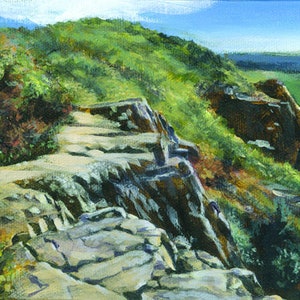 May include: Oil painting of a scenic landscape featuring a rocky cliffside path. The path leads to a lush green hillside under a blue sky. The artwork uses a palette of greens, blues, and browns to depict the natural environment.