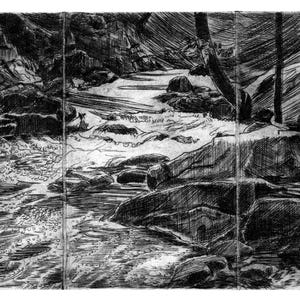 May include: A black and white drawing of a rushing stream in a wooded area. The stream is flowing over rocks and the trees are on either side of the stream.