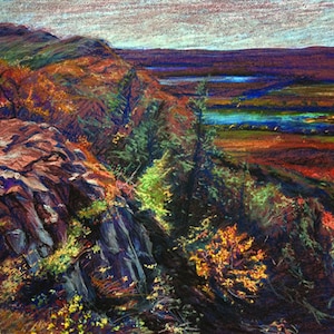 May include: A pastel drawing of a rocky cliff overlooking a valley with a river winding through it. The colors are vibrant and include shades of purple, blue, green, and orange. The scene is reminiscent of a fall landscape.